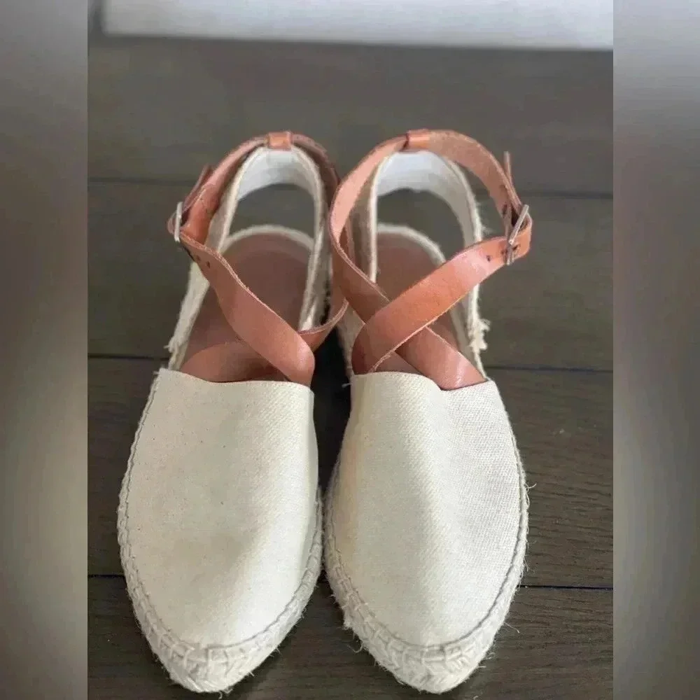 Matt Bernson beige canvas leather crias-cross straps slingback Sz‎ 7